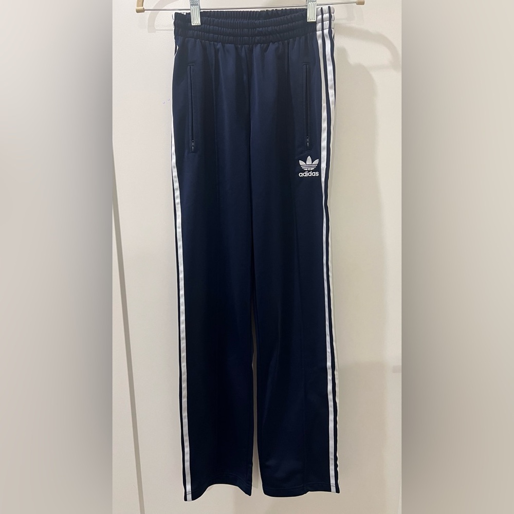 Adidas Wide Leg Navy Pants with White Stripes